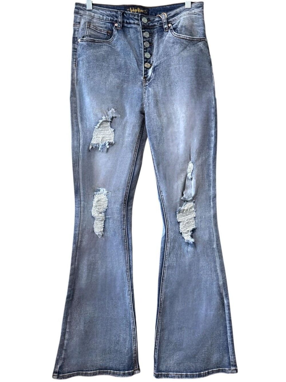 Indigo Reign High Rise Button Fly Distressed Flare Jeans Med Wash Stretch Denim - Picture 11 of 14